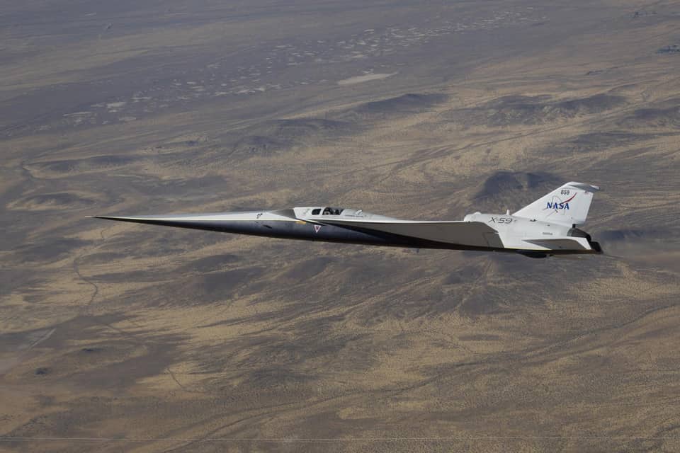NASA X-59 quiet supersonic research aircraft in flight over California