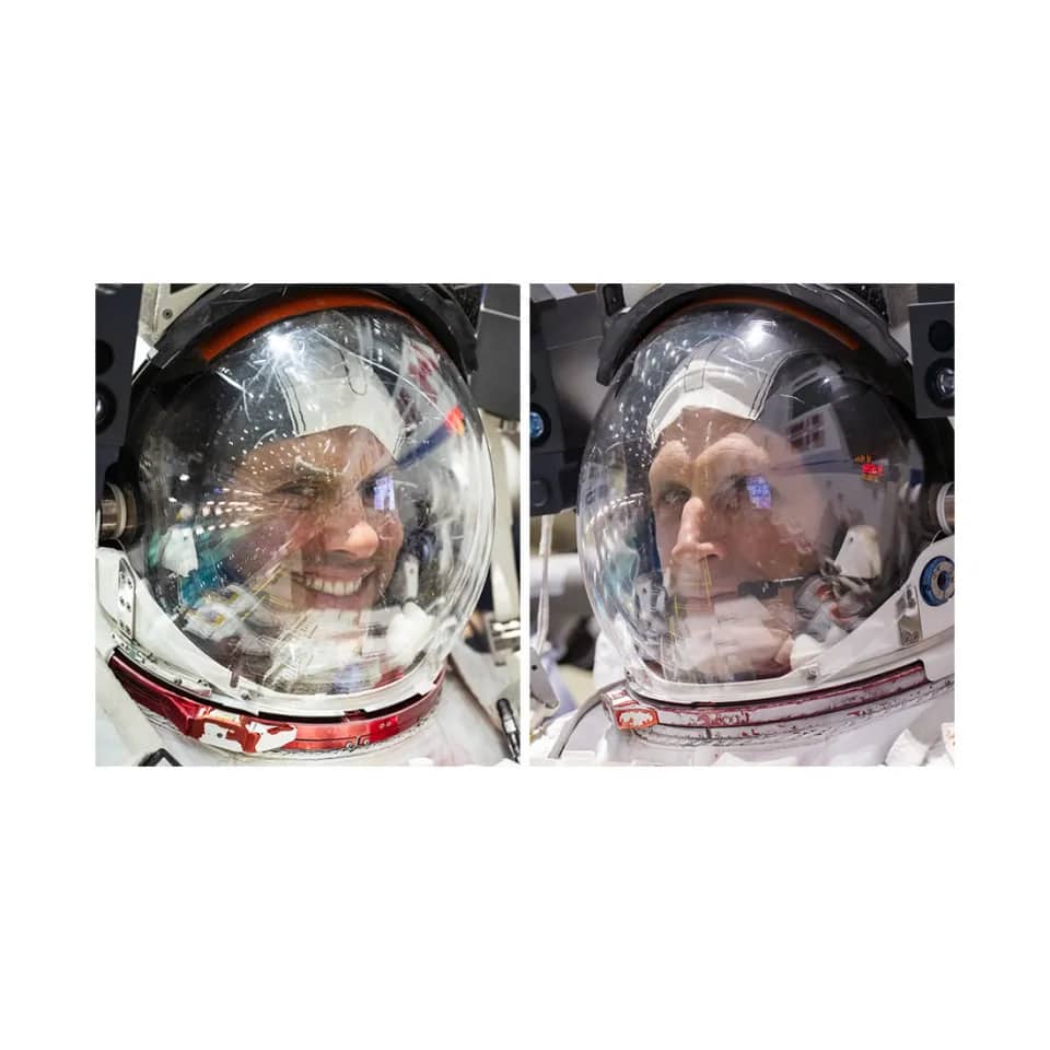 NASA astronaut Anil Menon and Canadian Space Agency astronaut Joshua Kutryk during spacewalk training at Johnson Space Center's Neutral Buoyancy Laboratory in Houston