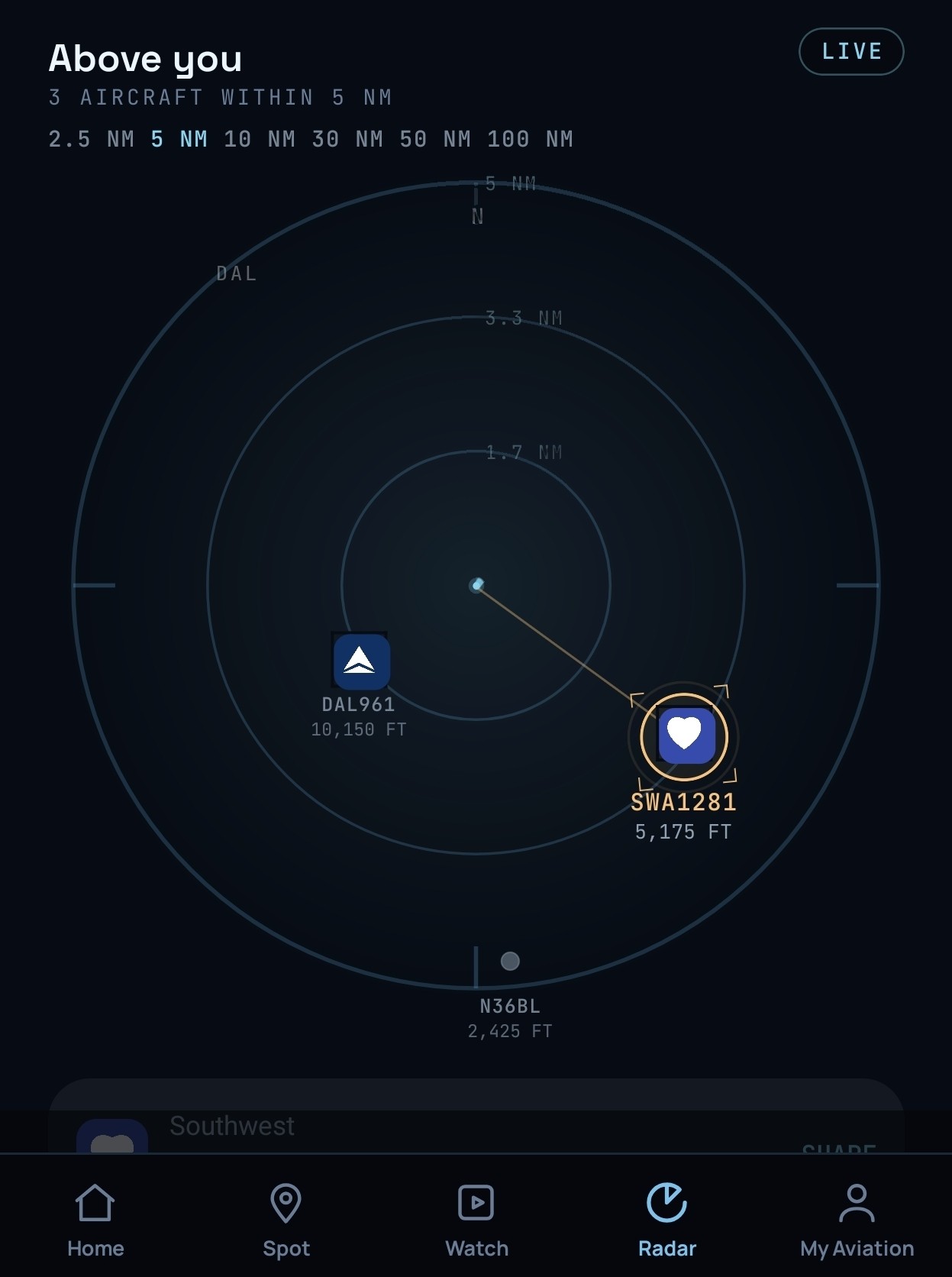FlyMarshall app radar: aircraft above you