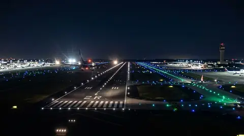Runway edge lights at night