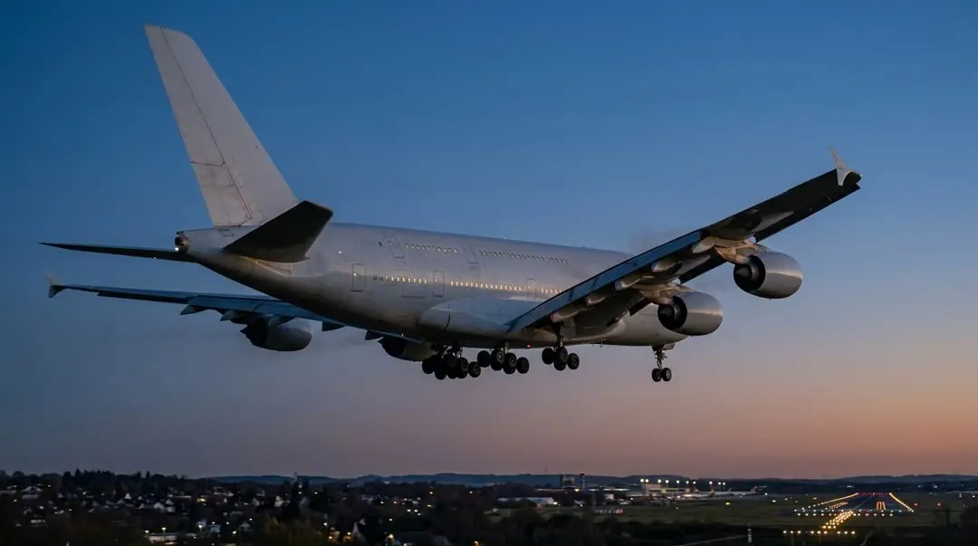 Four-engine double-deck airliner on final approach at dusk, gear down